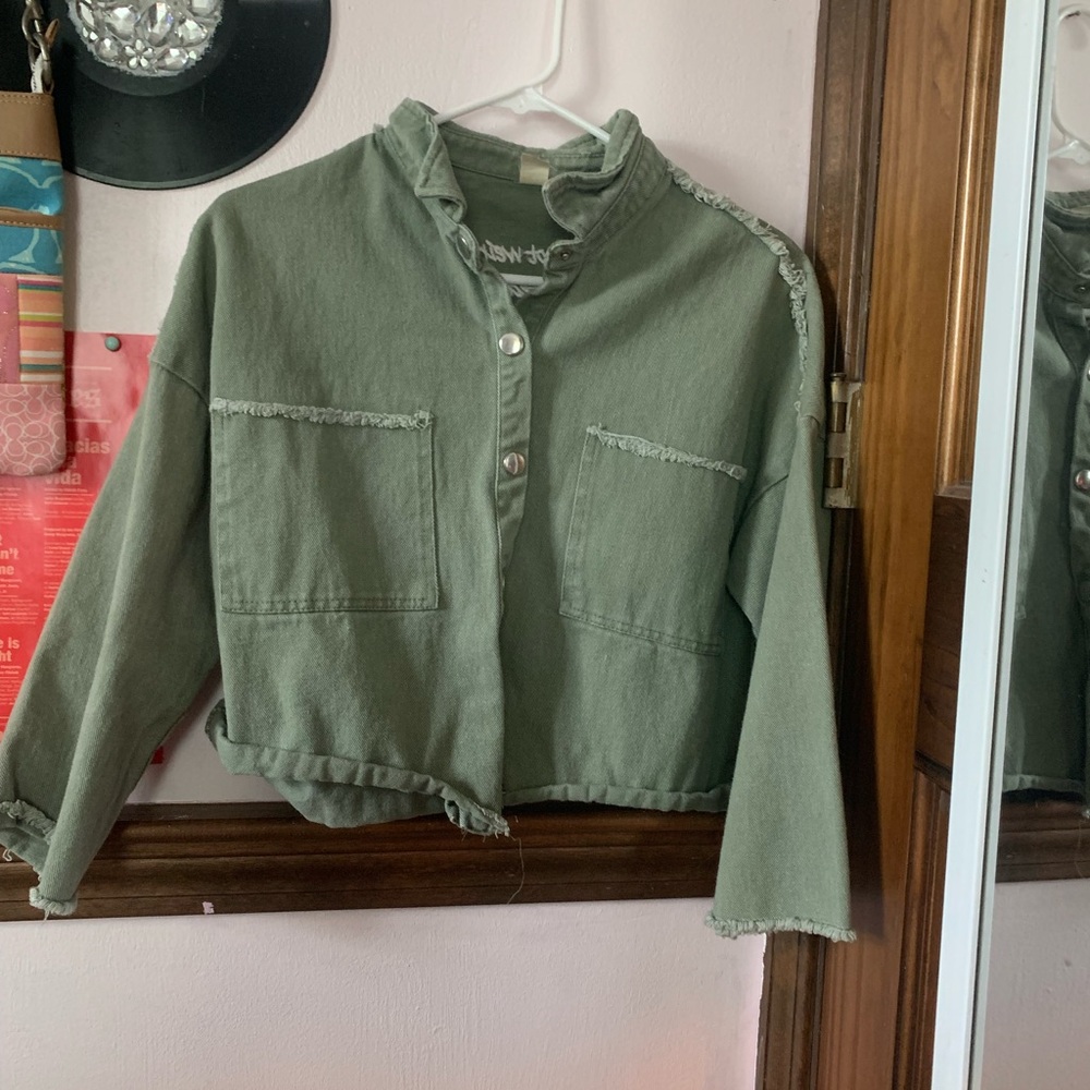 Green Jean Jacket with Cropped Boxy Fit and Mock Neck